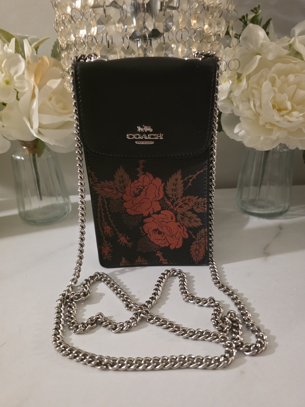 COACH Black Floral Crossbody Phone Bag